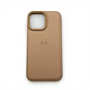 Personalized Tan Leather iPhone 13 Pro Max Case with S.B Monogram